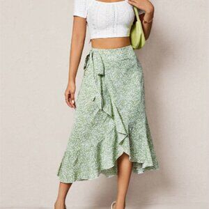 SHEIN Green Floral Asymmetrical Wrap Skirt